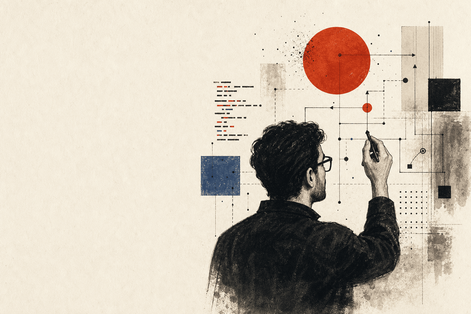 Ilustración editorial sobre la abstracción: ideas, sistemas e inteligencia vistos desde lo alto